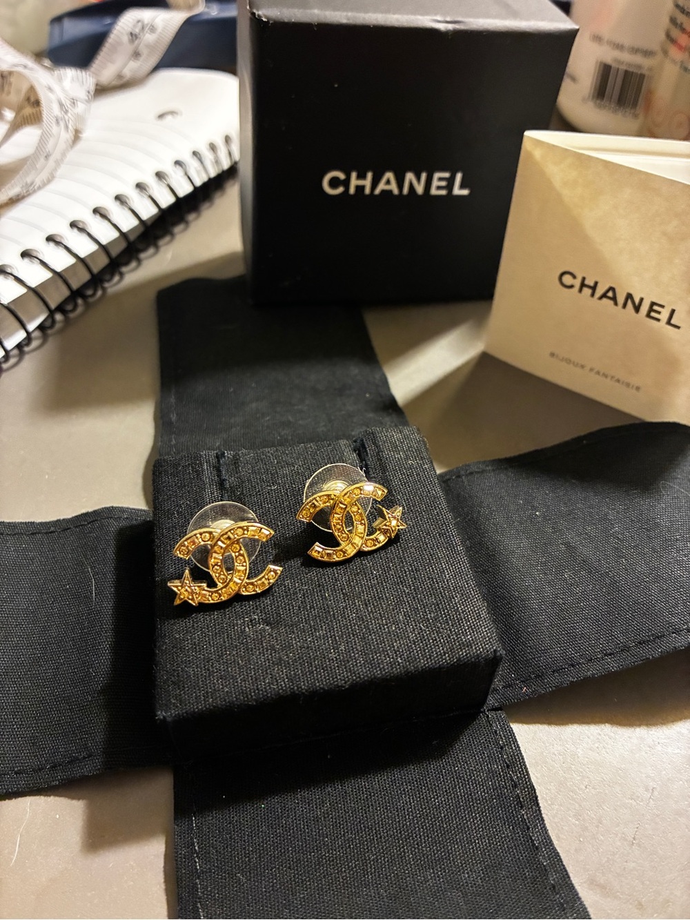 CHANEL Gold CC Logo Star Accent Earrings